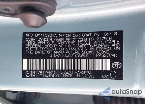 2013 Toyota Prius Two z USA, uszkodzony, nr VIN JTDKN3DU6D1695951